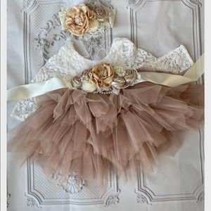 BabyGirl Mauve Tulle lace, Floral Crystal Sash+ headband   (Fits 12-18M)